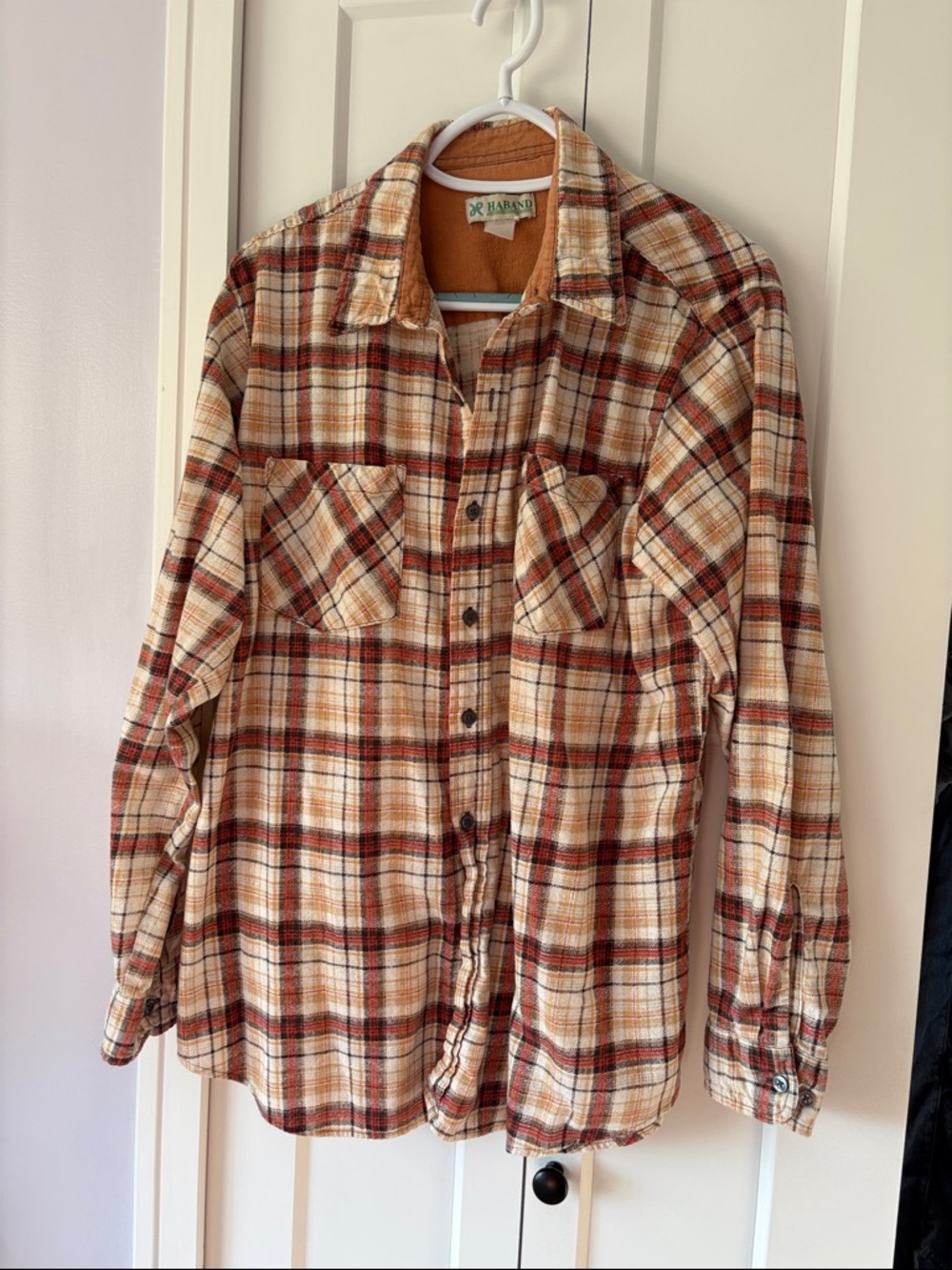 Vintage Haband Plaid Flannel button down shirt XL Brown Orange Rustic Cozy Soft
